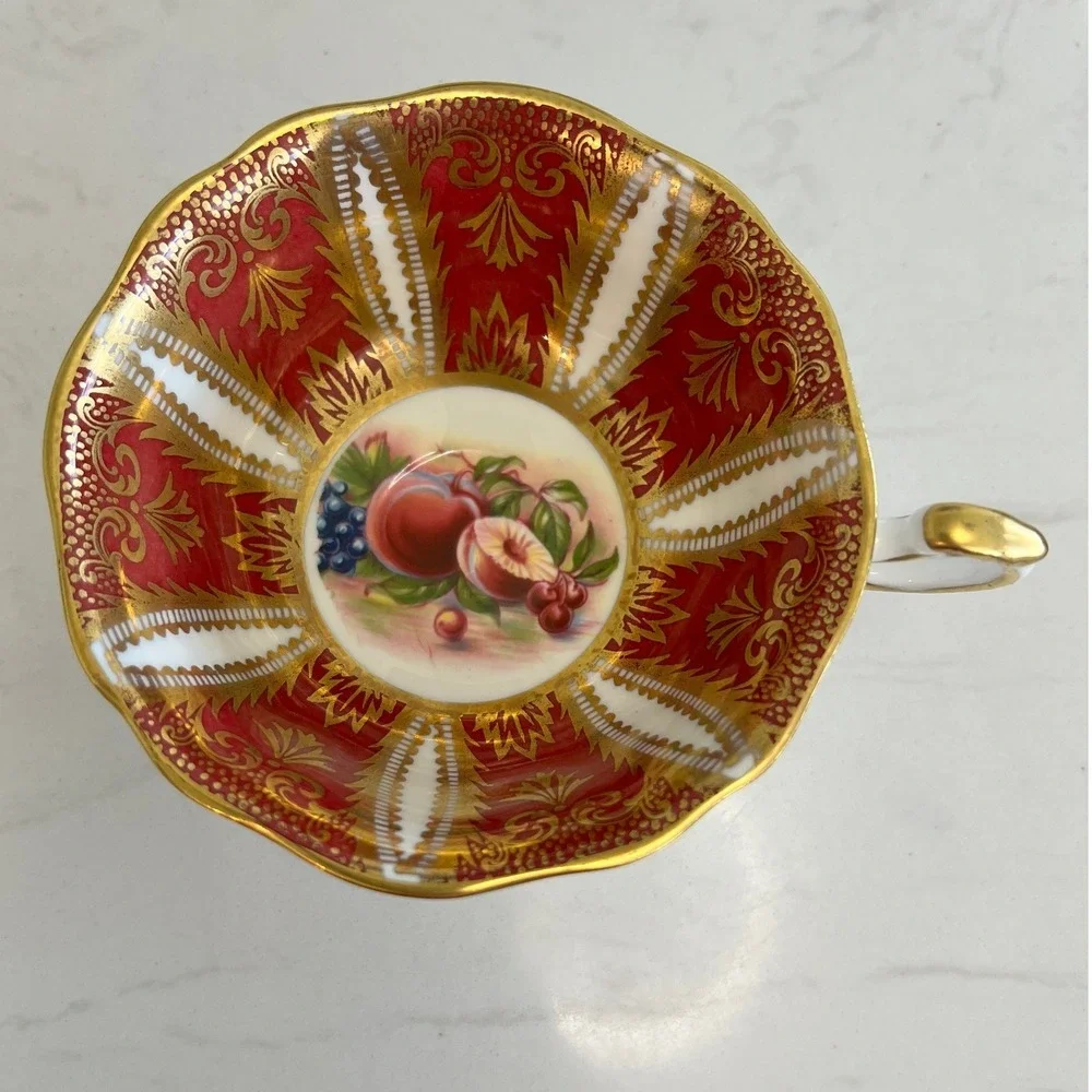 Vtg Paragon‎ Fine Bone China Teacup Saucer Set Maroon Gold Fruit England Tea Cup